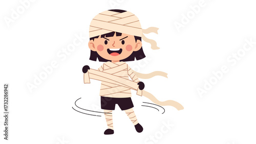 Mummy Costume for Halloween: A young person joyfully dresses up as a mummy, wrapped in bandages with a mischievous grin. This illustration captures the spirit of Halloween and the fun of costume play.