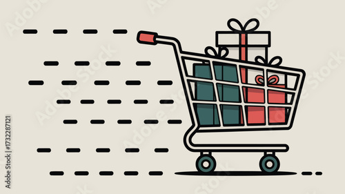Illustration of shopping cart filled with gifts moving quickly with motion lines behind it