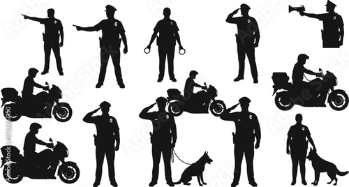 Police officer silhouettes, law enforcement vector, motorcycle patrol icons, K9 unit illustration, arrest and salute artwork, black and white concept