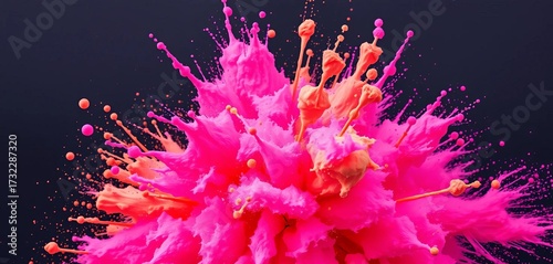 Vibrant pink paint explodes across a black canvas, creating dynamic color bursts,   acrylic,  creativity