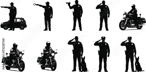 Police officers, law enforcement, security service, motorcycle patrol, police dog, handgun aim, salute, flashlight search, public safety, authority figures