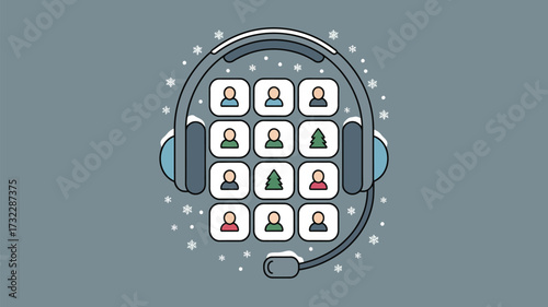 Headset with video call grid featuring people and christmas trees on a gray snowflake background