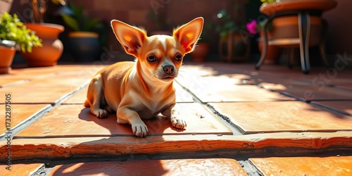 Tiny chihuahua rests on sun-drenched patio tiles, pet portrait, deck