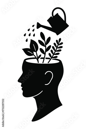Head silhouette with plants watered by can, mindfulness, personal growth