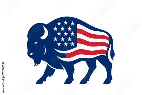 American bison silhouette with USA flag pattern, red white blue, patriotic