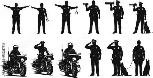 Police silhouette, law enforcement, police officer, police dog, motorcycle patrol, police salute, authority figure, police activity, police duty, public safety
