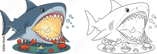 Cute cartoon shark with wide open mouth surrounded by funny crabs and food bowl