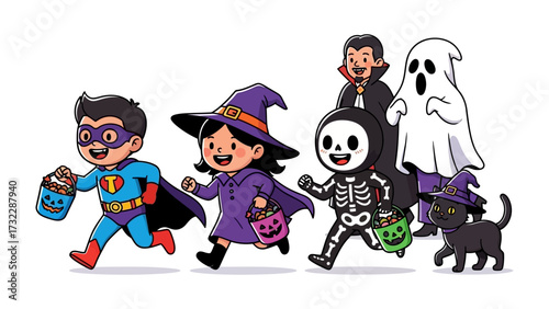 Spirited Halloween Procession: A group of children, each in enchanting Halloween attire, exude an exuberant, joyous energy as they venture forth, clutching candy baskets.
