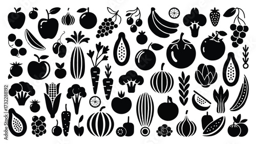 A black and white illustration of various fruits and vegetables arranged in a scattered pattern against a white background 
