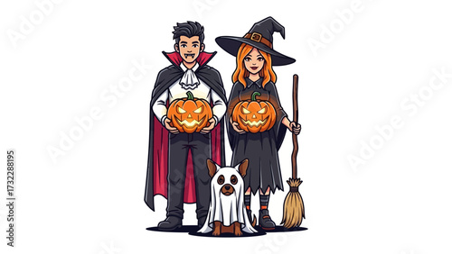 Halloween Family Portrait: Embrace the spooktacular charm with this illustration of a vampire, witch, and ghost dog holding jack-o'-lanterns, ready to celebrate.