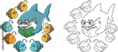  Intellectual Cartoon Shark with Glasses Reading a Book, Surrounded by Sleeping Anglerfish