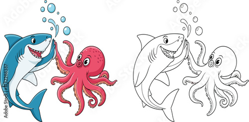 Playful Cartoon Shark and Octopus High-Fiving