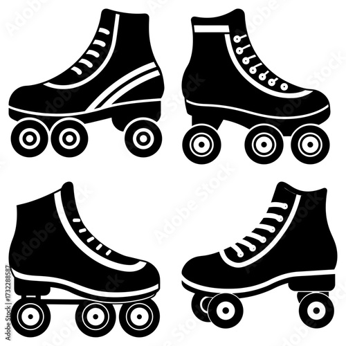 Four black roller skates arranged in a square formation on a white background in a vector illustration