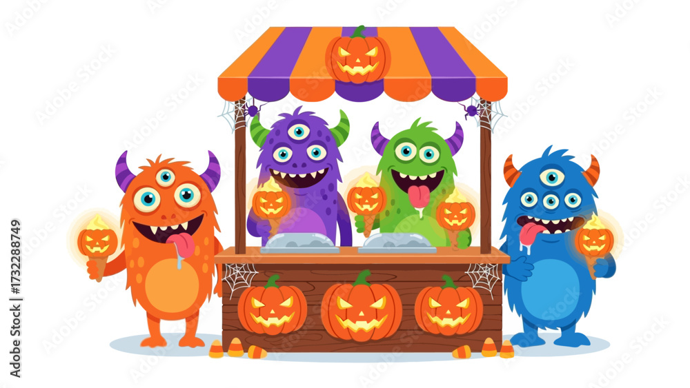Fototapeta premium Monster's Halloween Treat: A vibrant Halloween scene featuring whimsical monsters gathered at a festive candy stall.