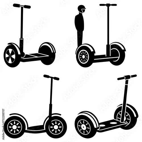 Illustration of four black and white self balancing scooters with a person on one of them