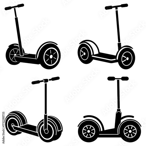 Four black and white illustrations of electric scooters in different styles and orientations shown together