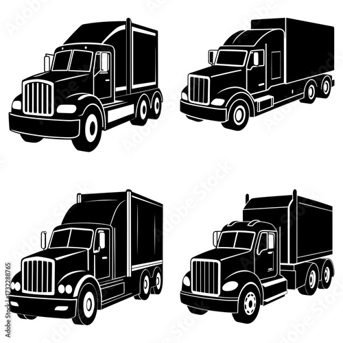 Collection of four black and white semi trucks with trailers in varying perspectives and orientations