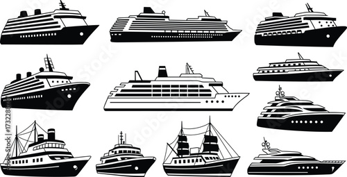 Ship and boat icon set, black and white illustrations, cruise liner, sailing ship, yacht, motorboat, maritime transport, nautical design elements