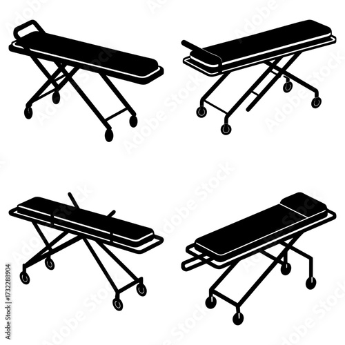 Four black and white medical gurneys with wheels depicted in a simple graphic illustration style