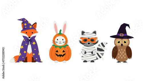 Whimsical Halloween Gathering: A captivating illustration features a charming ensemble of creatures, each adorned in festive Halloween costumes, creating a playful and enchanting atmosphere.