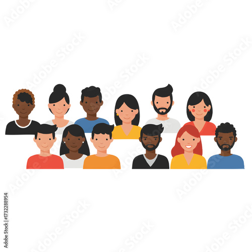 Diverse group of people in a flat illustration style, representing unity and community