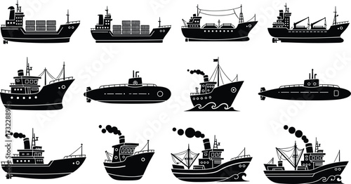 Ship silhouettes set, cargo ship, passenger vessel, freighter, fishing boat, tugboat, steamship, submarine, trawler, transport, 