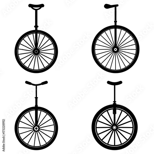Four unicycles arranged in a square pattern with a black and white color scheme on a white background