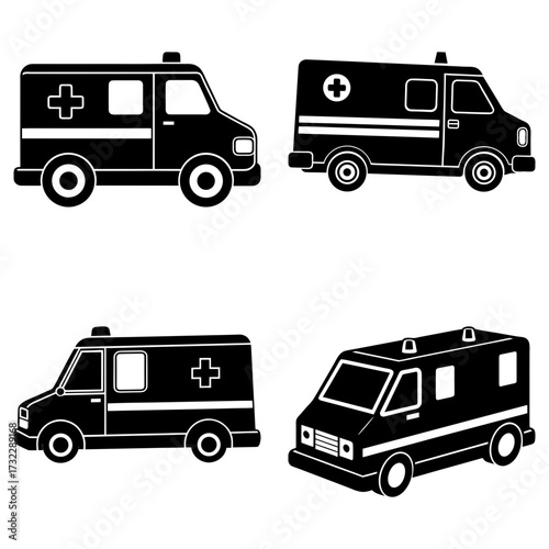 Four ambulances in black and white showing different styles and orientations on a white background