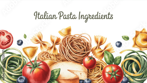 A watercolor illustration of Italian pasta ingredients arranged in a horizontal banner format against a white background 
