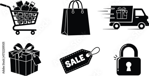 Shopping icons set with cart, bag, delivery truck, gift box, sale tag, and padlock symbolizing e‑commerce, retail, delivery, and security
