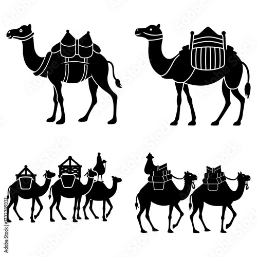 Silhouette illustrations of camels with saddles and riders in various poses and arrangements on white background