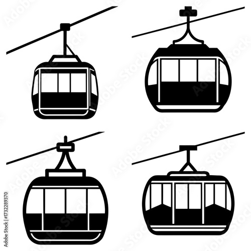 Four cable cars hanging from cables in a black and white graphic representation of mountain transportation