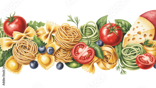 A watercolor illustration of Italian pasta ingredients arranged in a horizontal banner format against a white background 
