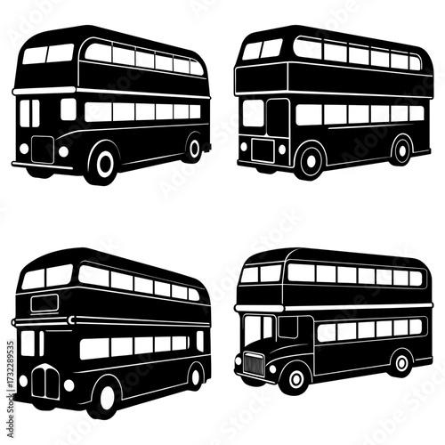 Four double decker buses in black silhouette facing different directions on a white background design vector