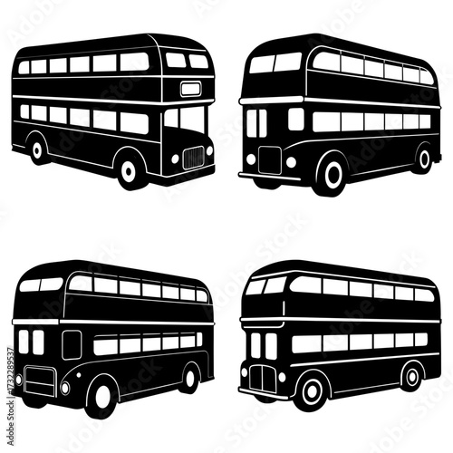 Four monochrome double decker buses in various styles and perspectives in a vector illustration style