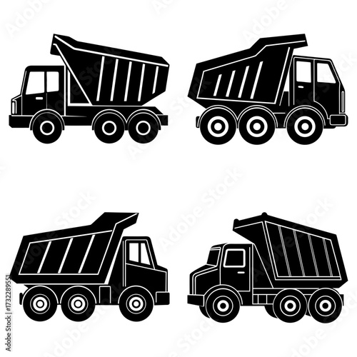 Four black and white dump trucks in various orientations on a white background with simple design elements