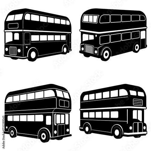 Four black and white double decker buses in various orientations and slightly different designs shown here