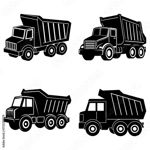 Collection of four black and white silhouette style dump trucks with varying wheel configurations and designs