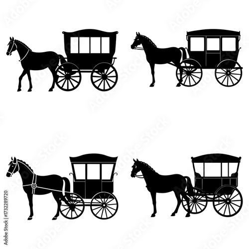 Four black horse drawn carriages in silhouette on a white background showcasing vintage transportation style