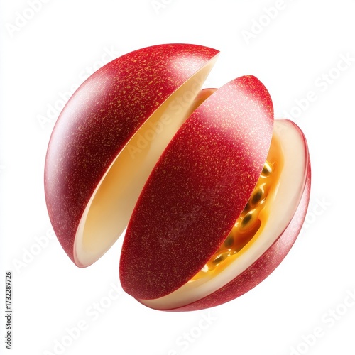 Vivid red passion fruit sliced open revealing juicy pulp with black seeds against a white background