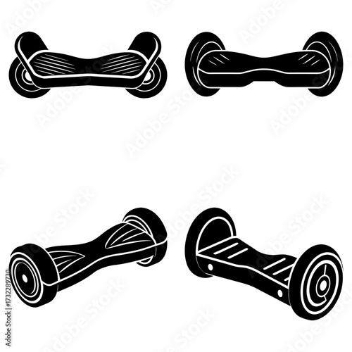 Four hoverboards displayed in black and white with different angles and orientations on a white background