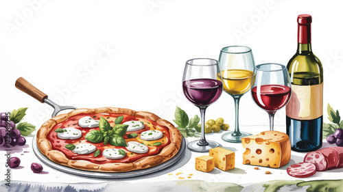 A watercolor-style illustration of an Italian food and wine scene arranged in a horizontal banner format.  
