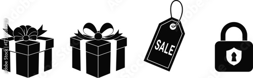 Shopping icons set, gift box, sale tag, discount, security lock, ecommerce, retail, promotion, present, protection, online shopping, vector illustration