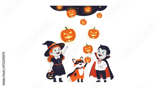 Halloween Scene: Cheerful children dressed in spooky costumes and a fox playing with jack-o'-lanterns and enjoying the atmosphere of Halloween, under an orange lit night.