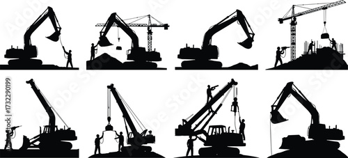 Silhouette construction workers with cranes, excavators, heavy machinery, lifting materials, teamwork, safety, building site, industrial equipment, infrastructure development, labor