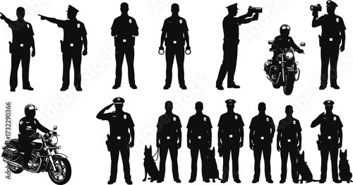 Silhouette police officers with dogs, motorcycle patrol, handcuffs, radar gun, video camera, law enforcement teamwork, security, authority, protection, duty