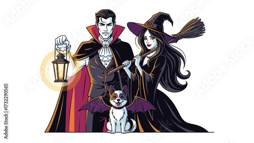 Halloween's Eerie Embrace: A striking, spooky depiction of vampire, witch, and a bat-winged canine, setting the stage for Halloween festivities.