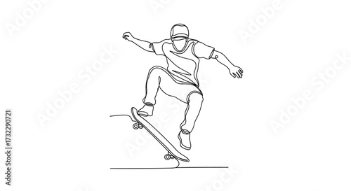 Continuous Line Drawing of Skateboarder Jumping with Skateboard
