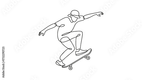 Continuous Line Drawing of Skateboarder Performing Trick