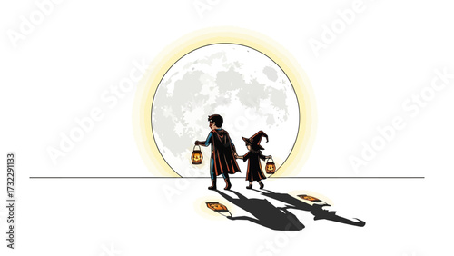 Silhouette of Two Adventurers Under the Moonlight: A charming illustration of two figures in silhouette, dressed in capes and wizarding hats, walking under the glow of a full moon, carrying lanterns.